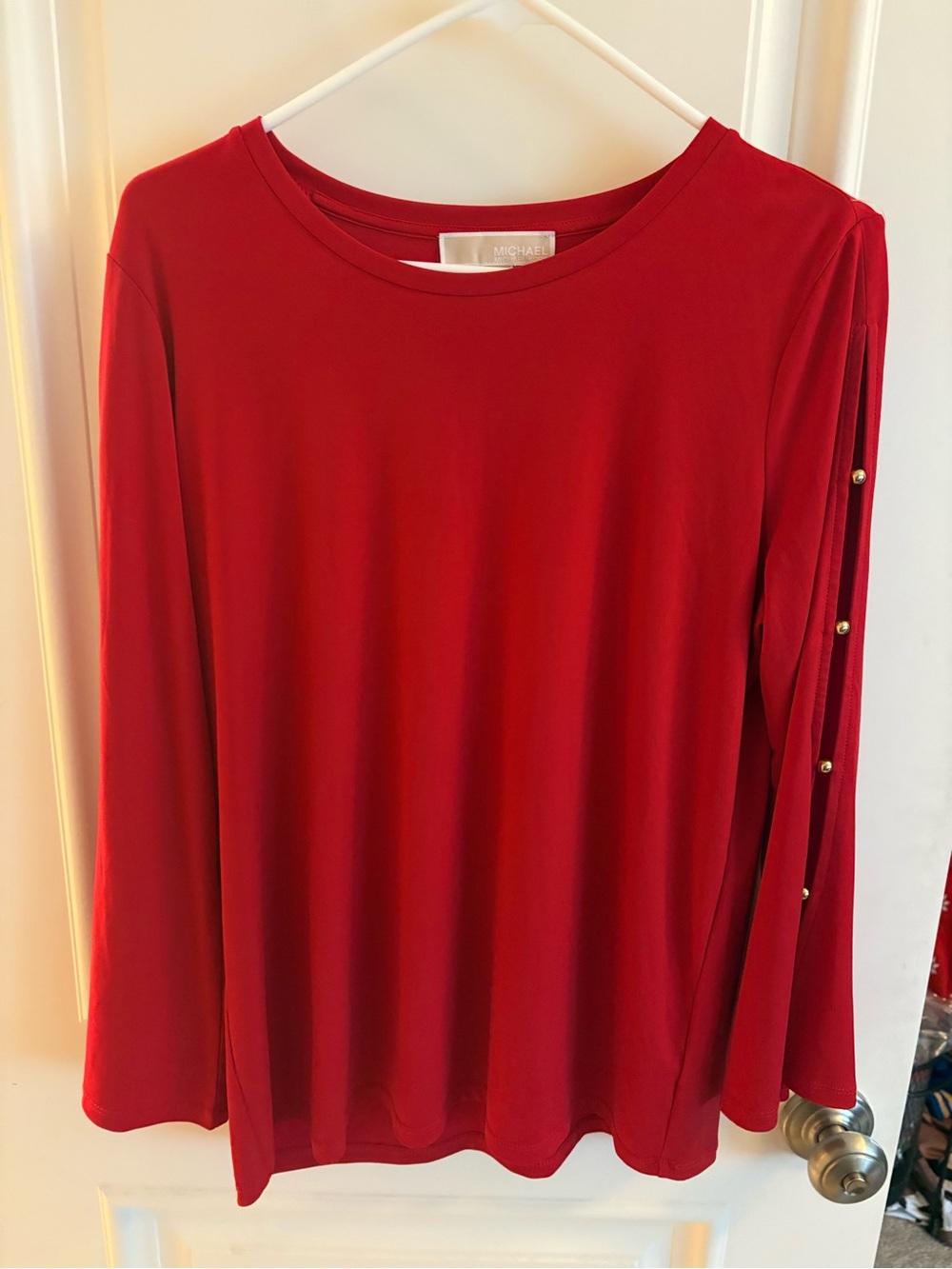 Michael Kors Red Long-Sleeve Top with Gold Stud Sleeve Detail
